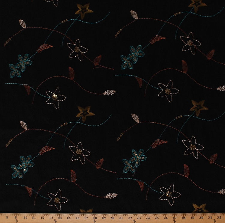 54" Embroidered Floral Flowers Sequins Embellishments on Black Light to