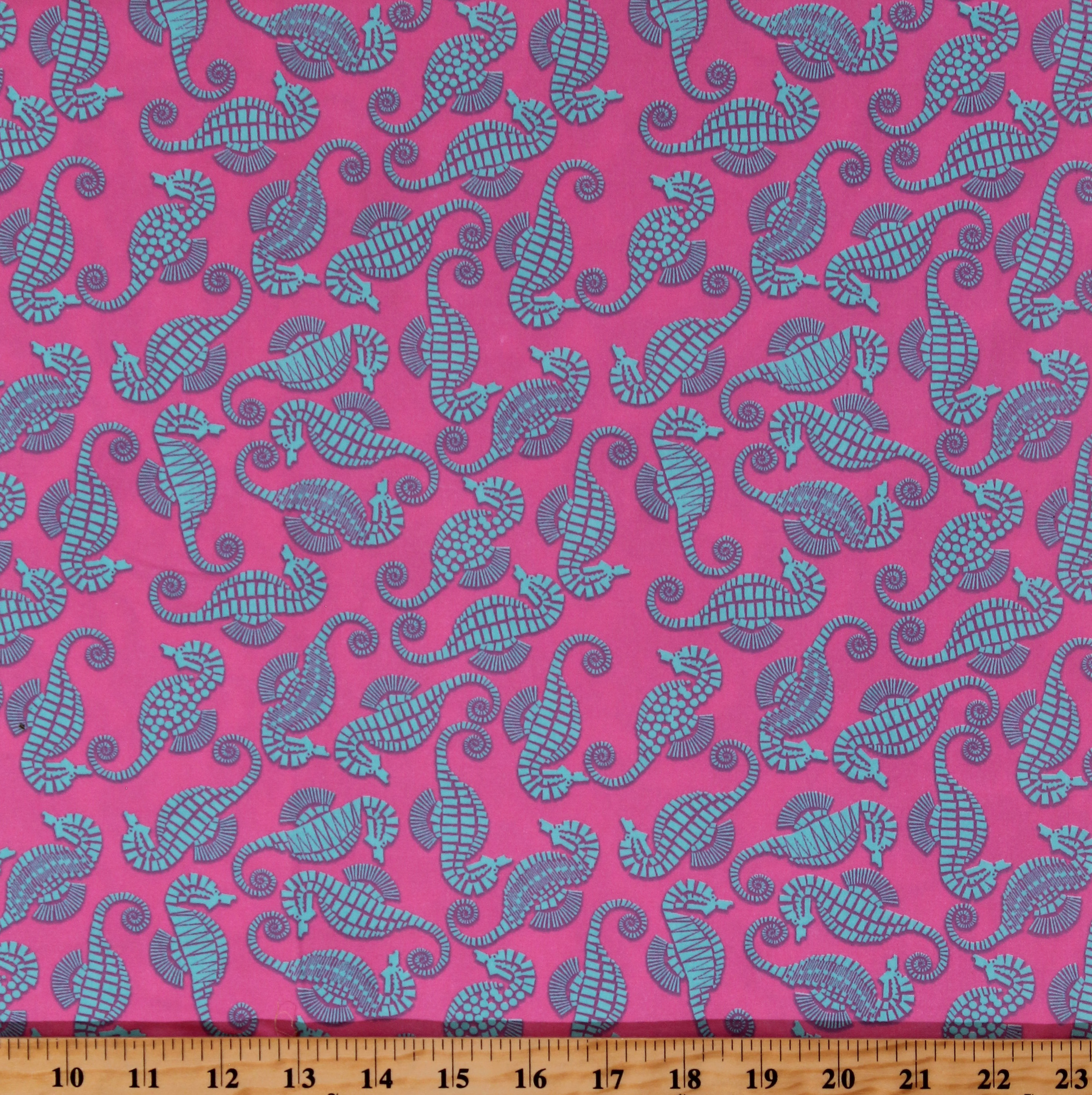 Cotton Twill Turquoise Seahorses Beach Ocean Animals on Pink 60" Wide
