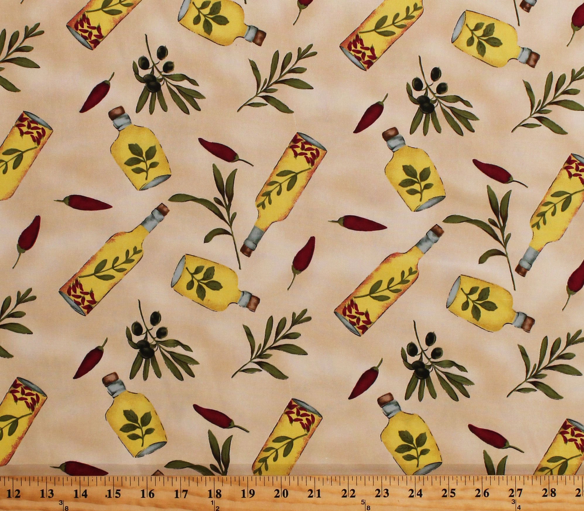 Cotton Twill Lite Olive Oil Bottles Olives Peppers Italian Mediterranean Mottled Tan 60" Wide