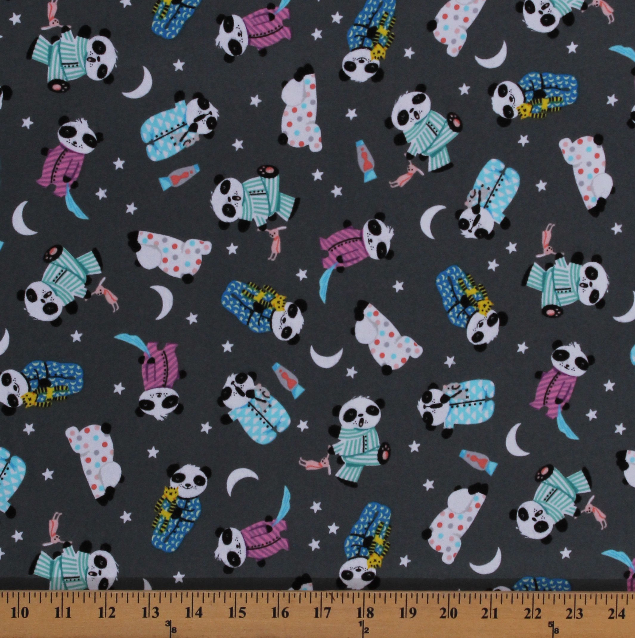 Flannel Pandas Panda Bears Wearing Pajamas Bed Time Moons Hello Sleepy