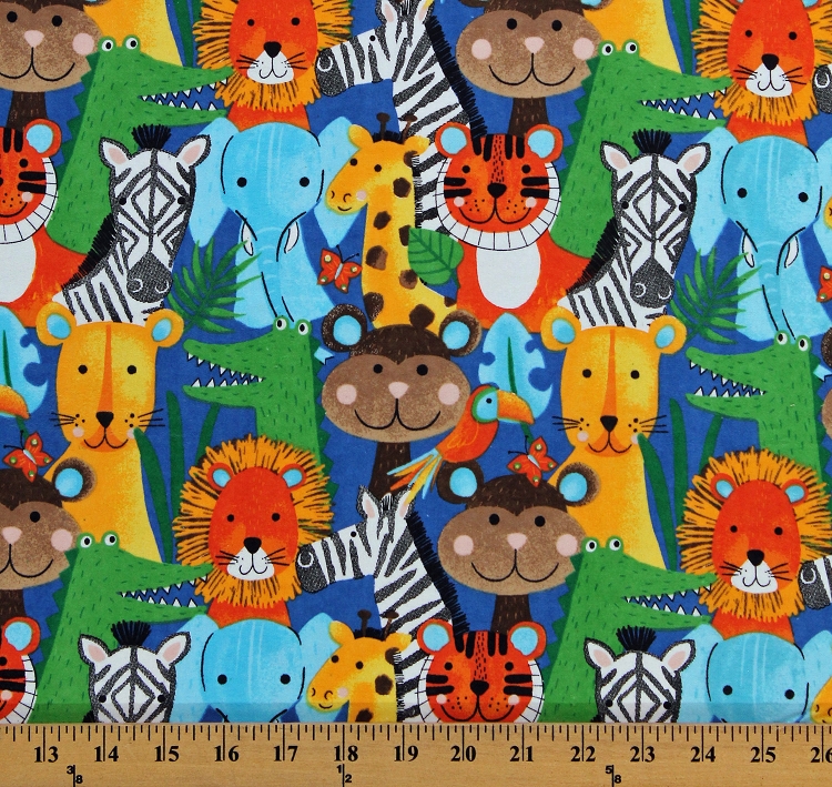 Flannel Jungle Animals Zebras Monkeys Elephants Giraffes Lions Safari