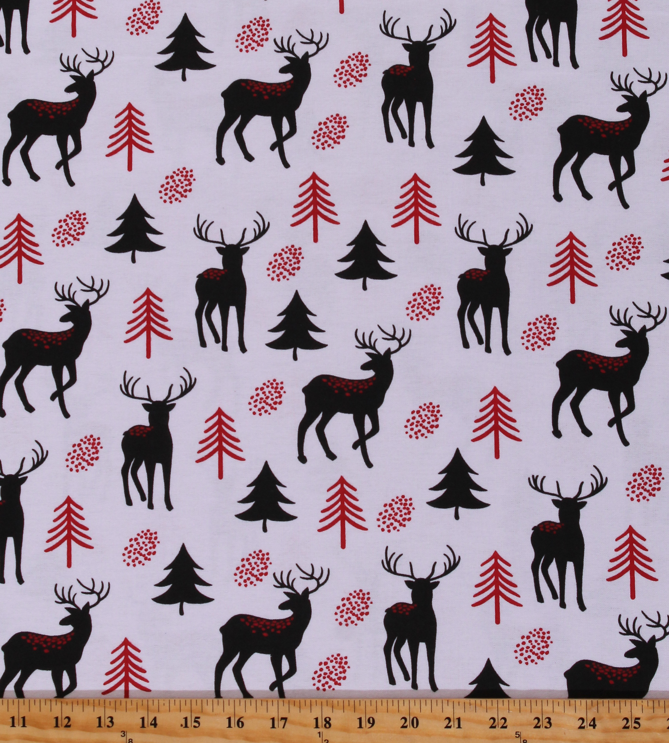 Flannel Deer Pine Trees Silhouettes Northwoods Christmas Holiday Winter White Cotton Flannel