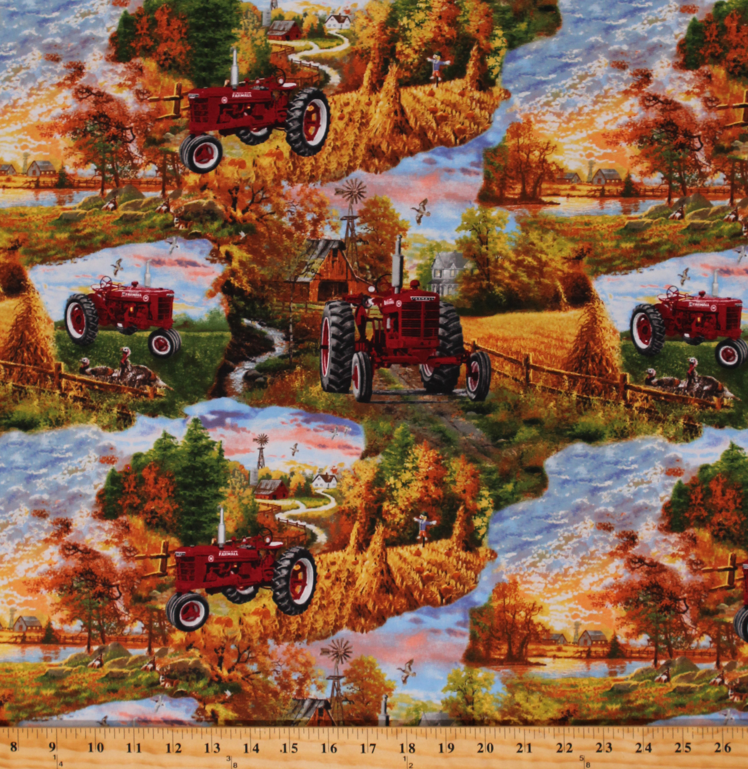 Cotton Farmall Tractors Pumpkins Fall Farm Cotton Fabric Print by the