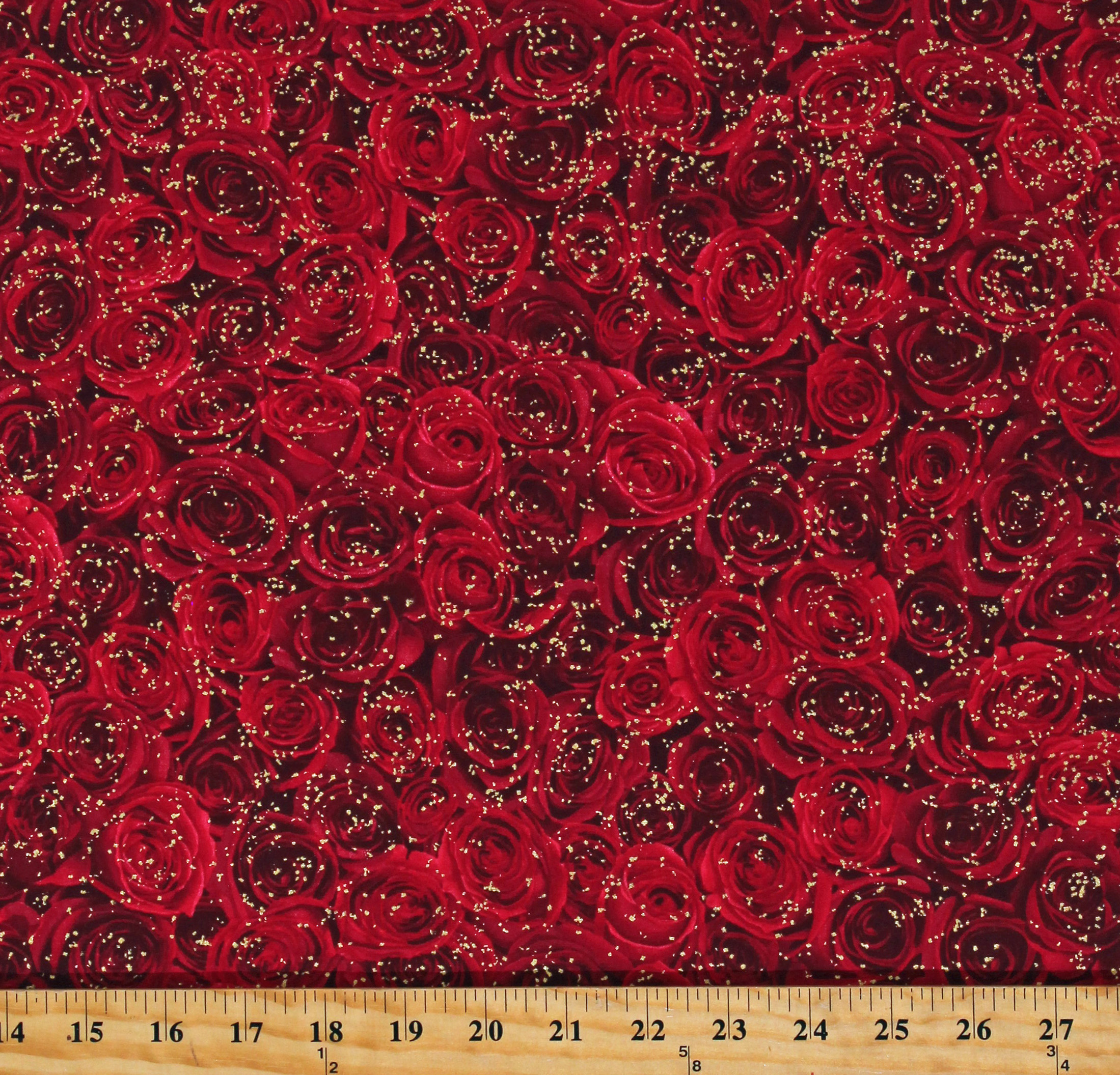 Cotton Roses Flowers Fragrance Sparkly Nature Floral Valentine's Day Red Cotton Fabric Print by
