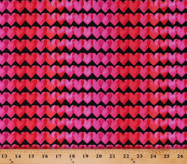 Cotton Hearts Overlapping Heart Stripes Pink Red on Black Love Valentine's Day Cotton Fabric