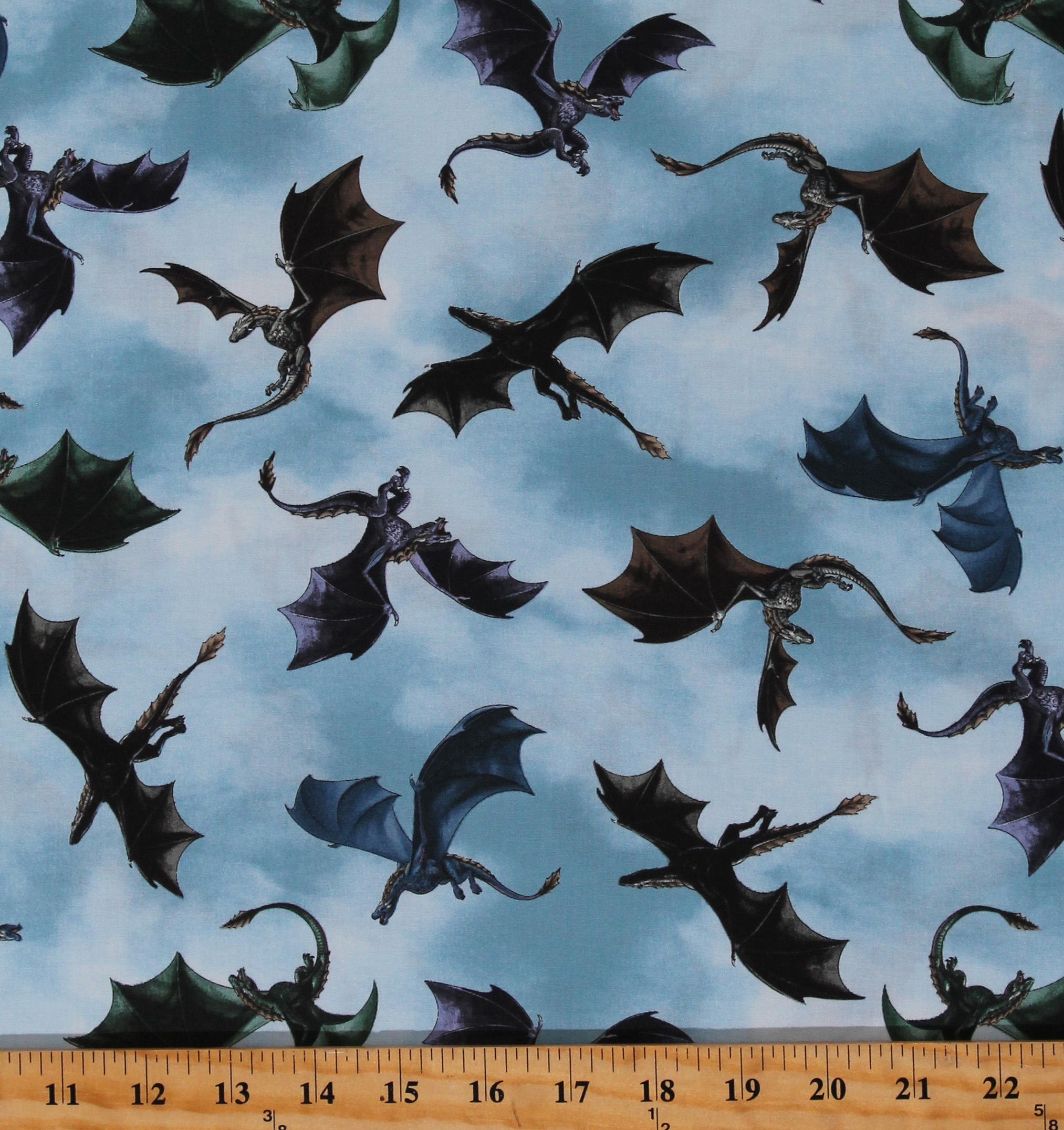 Cotton Flying Dragons Kids Children's Blue Cotton Fabric Print by the