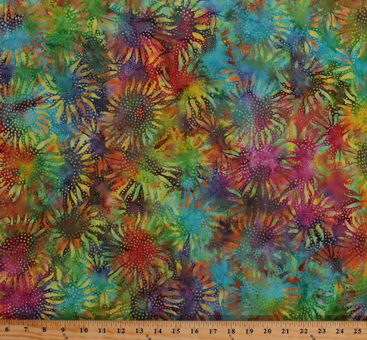 Cotton Batik Sunflowers MultiColored Flowers Floral Blossoms Gardens
