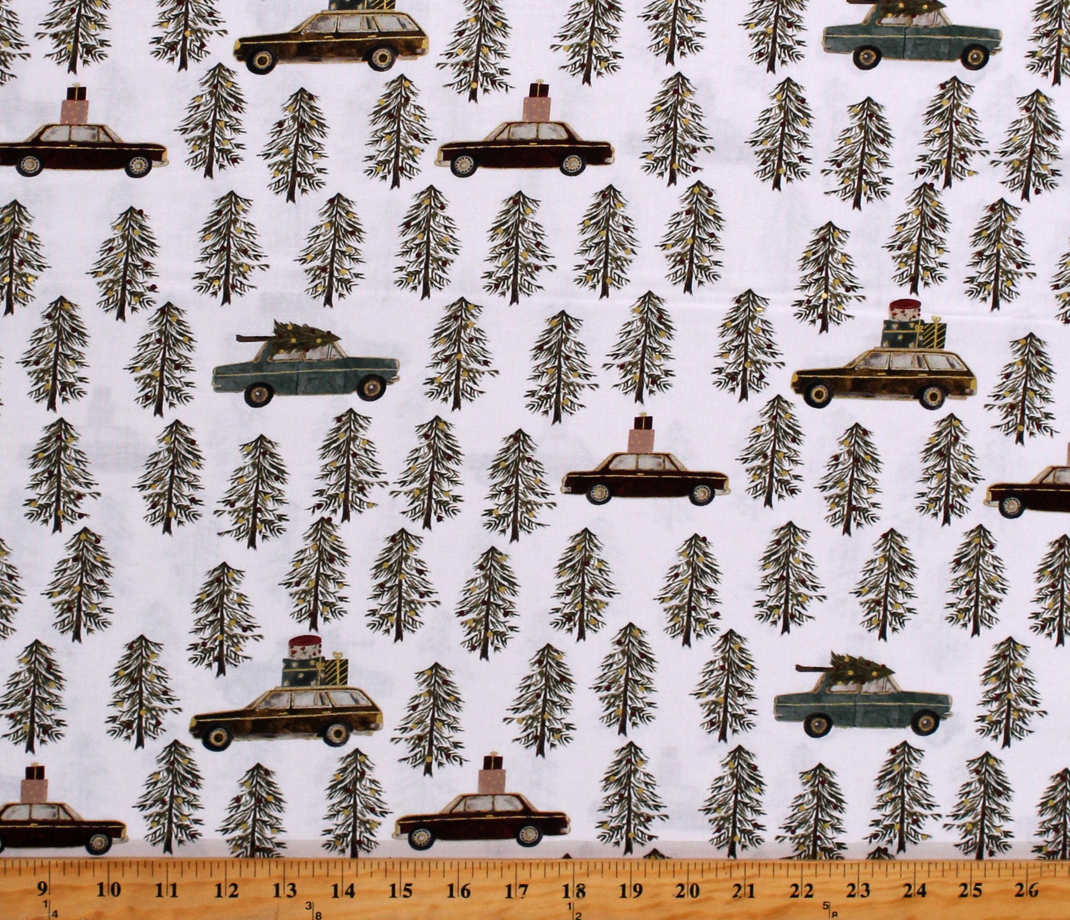 Cotton Christmas Tree Farm Trees Vintage Vehicles Holiday Gifts
