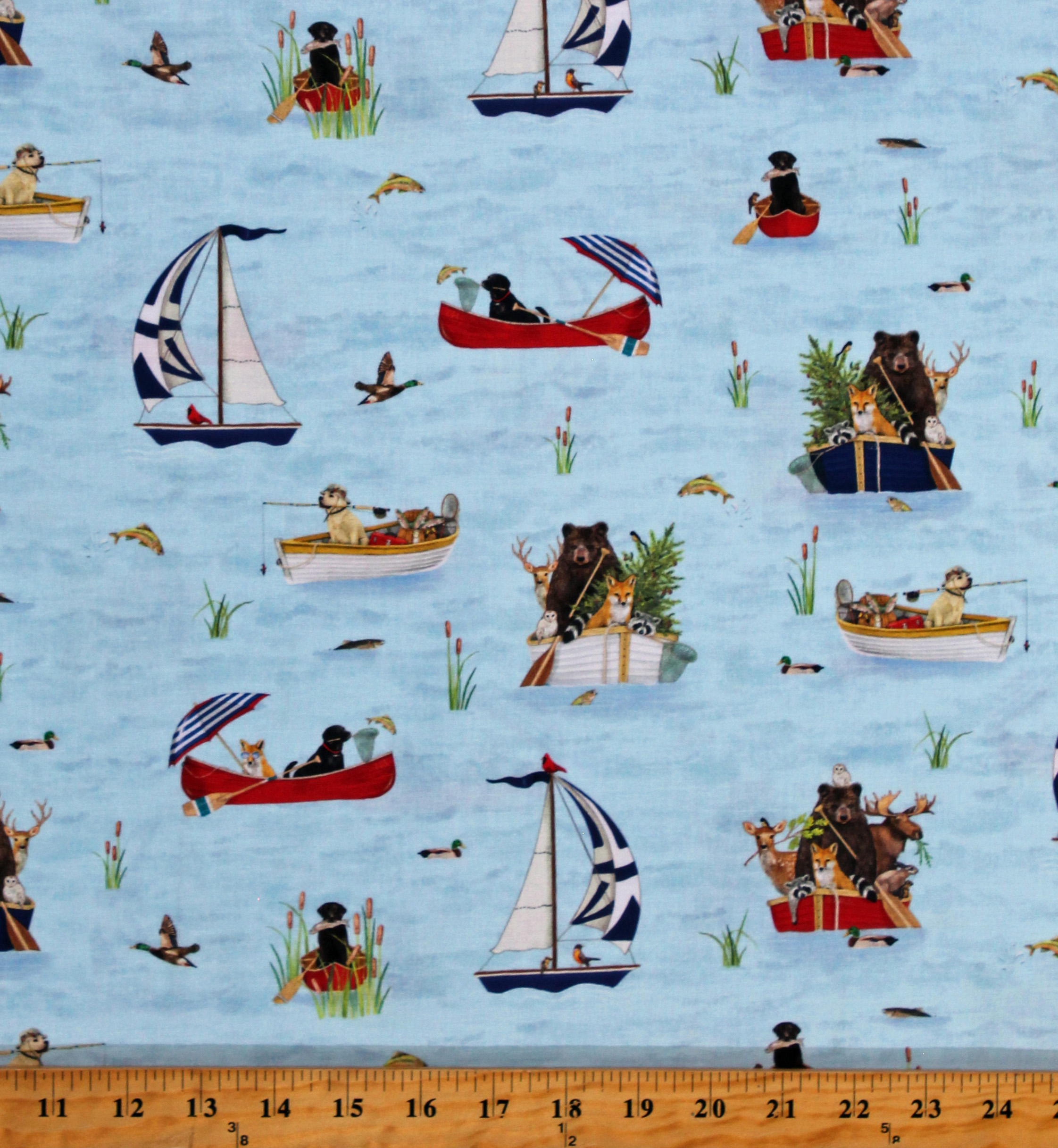 Cotton Lake House Sailboats Animals on Boats Canoes Travel Blue Cotton