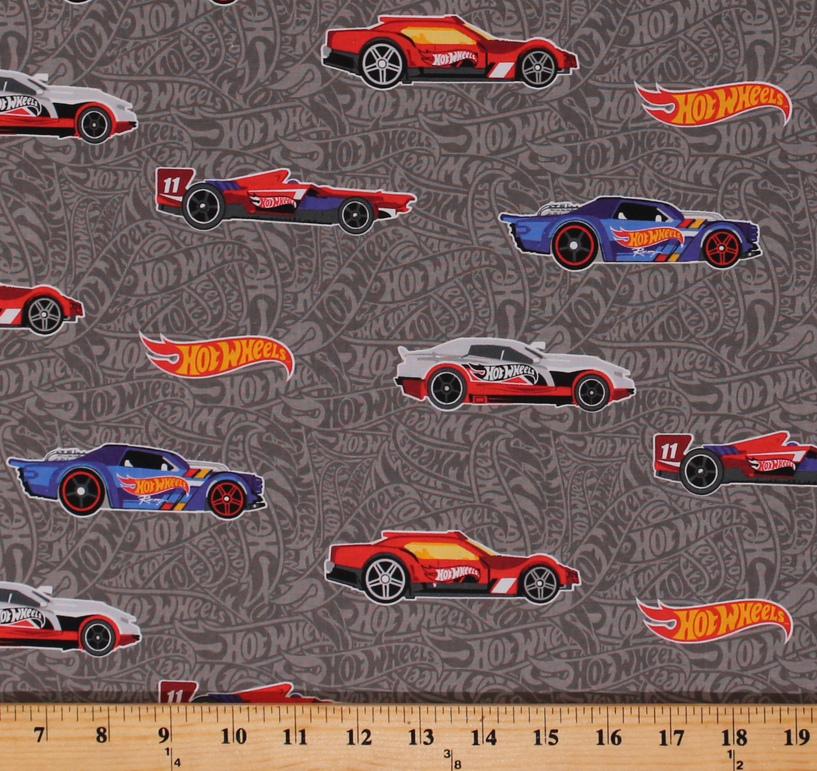 Cotton Hot Wheels Cars Logos Racecars on Gray Cotton Fabric Print by
