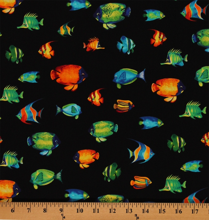 Cotton Tropical Reef Fish Fishes Ocean Black Cotton Fabric Print by the