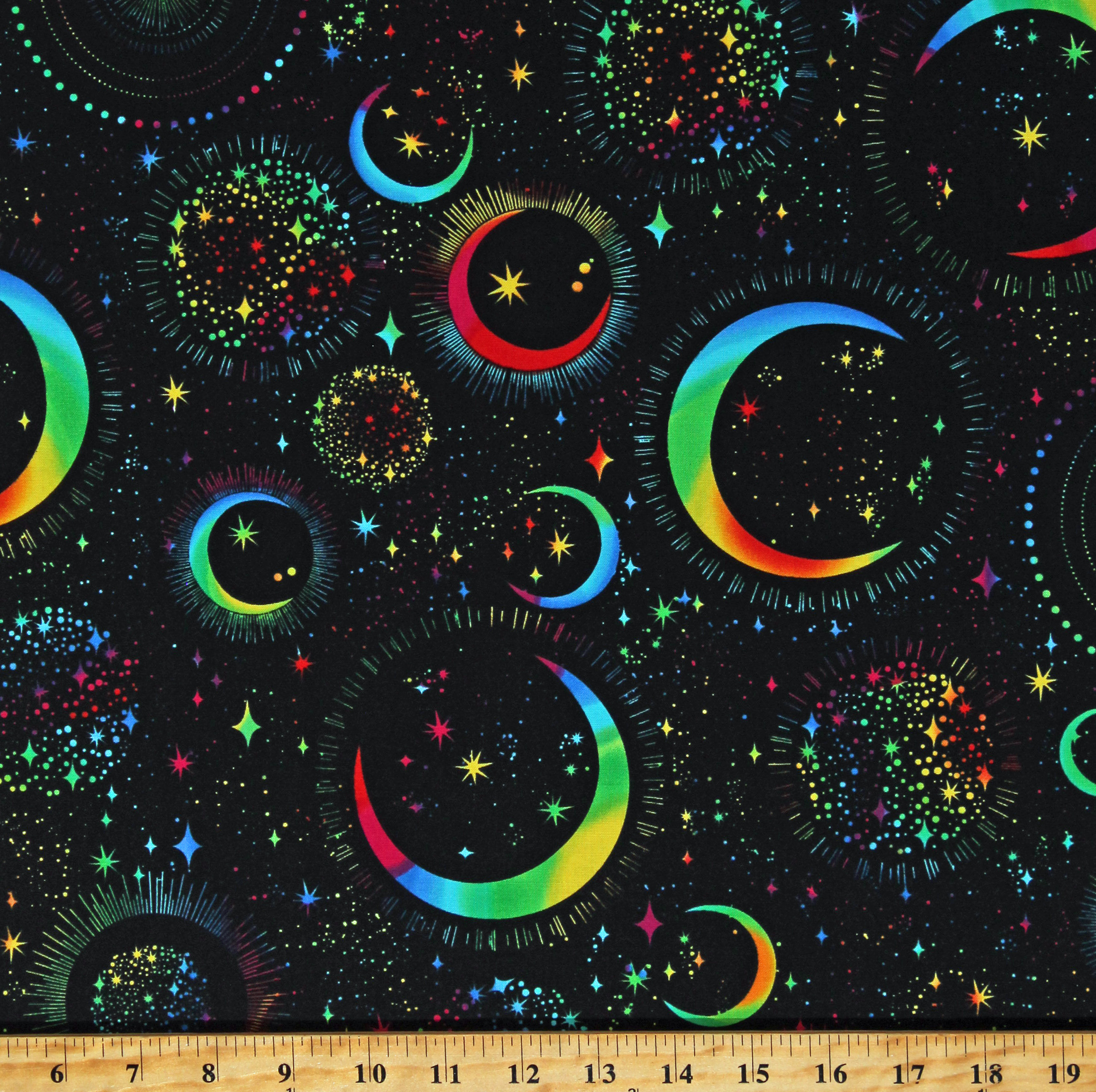 Cotton Rainbow Moons and Stars Space Galaxy Night Sky Hoot Rocks Multi
