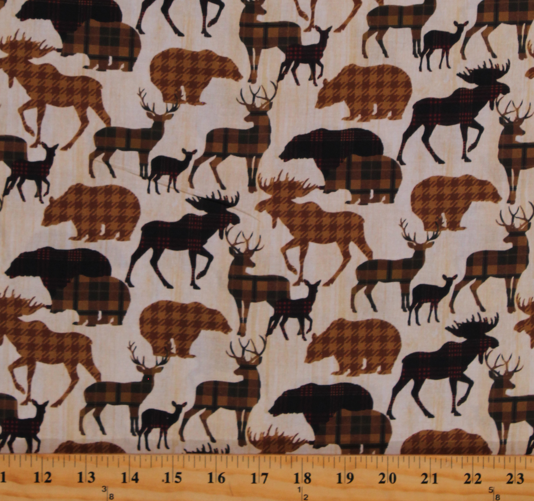 Cotton Elk Deer Moose Woodland Animals Patterned Houndstooth Plaid Tan