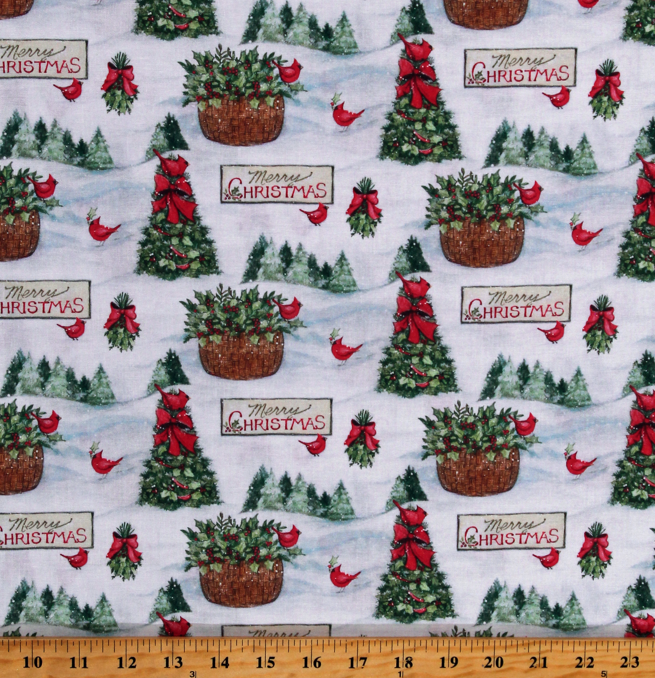 Cotton Christmas Trees Cardinals Holly Greenery Snow Winter Holidays