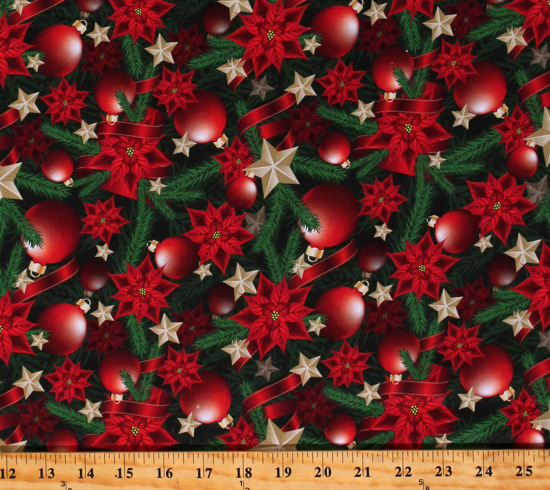 Cotton Christmas Poinsettias Festive Branches Flowers Stars Red Cotton