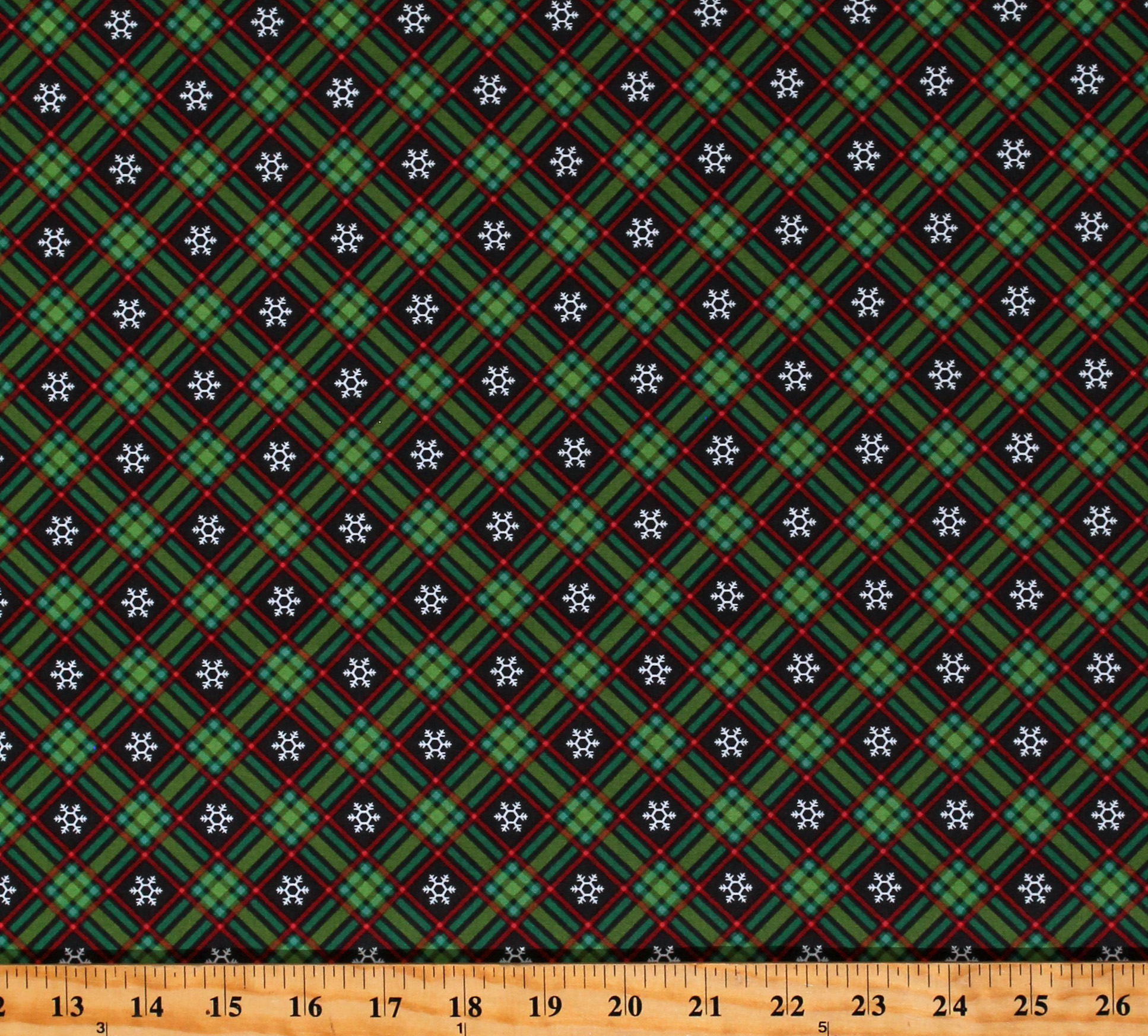 Cotton Christmas Snowflakes Red and Green Plaid on Charcoal Holidays