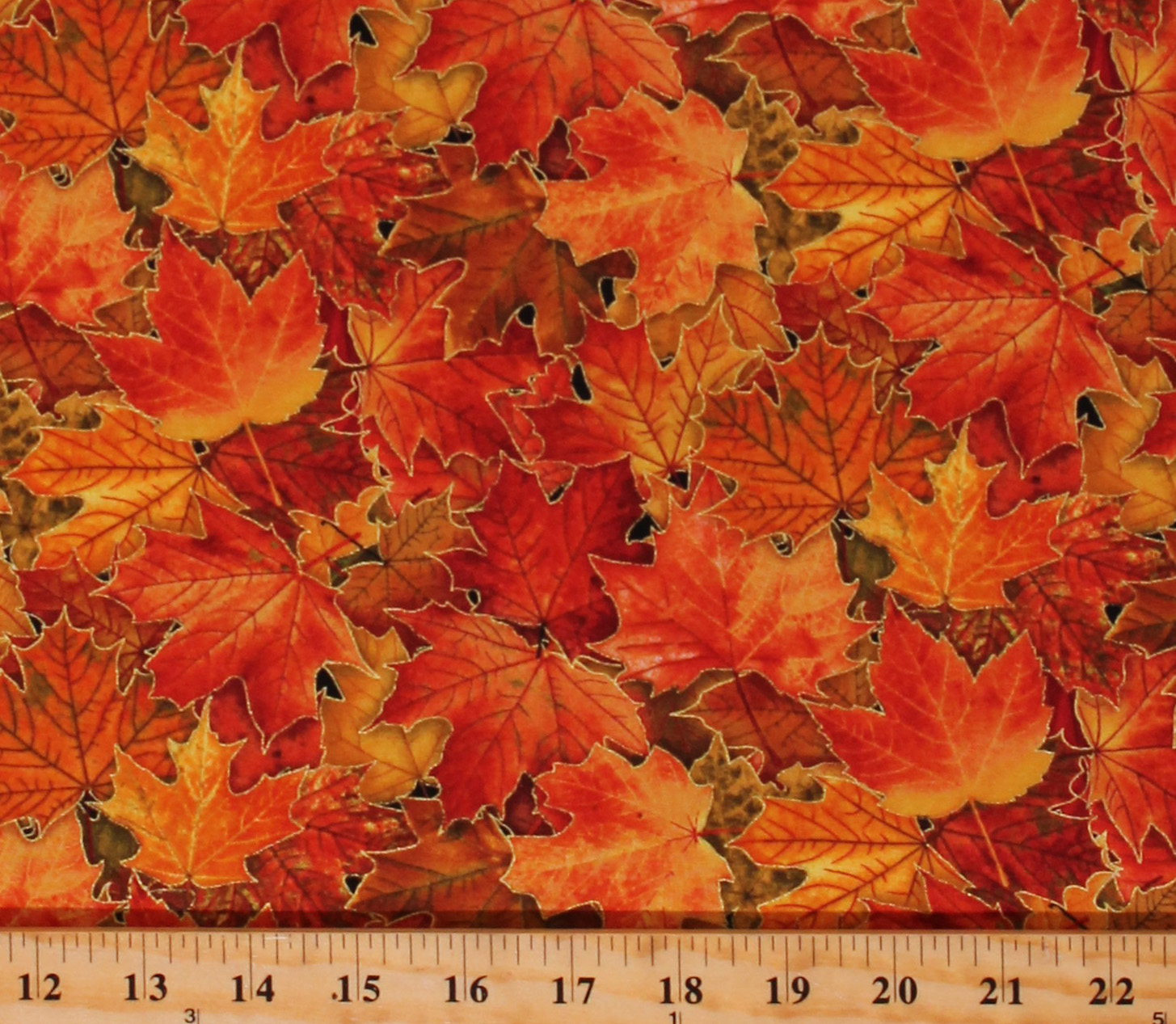 Cotton Fall Leaves Golden Orange Red Gold Metallic Shimmer Autumn