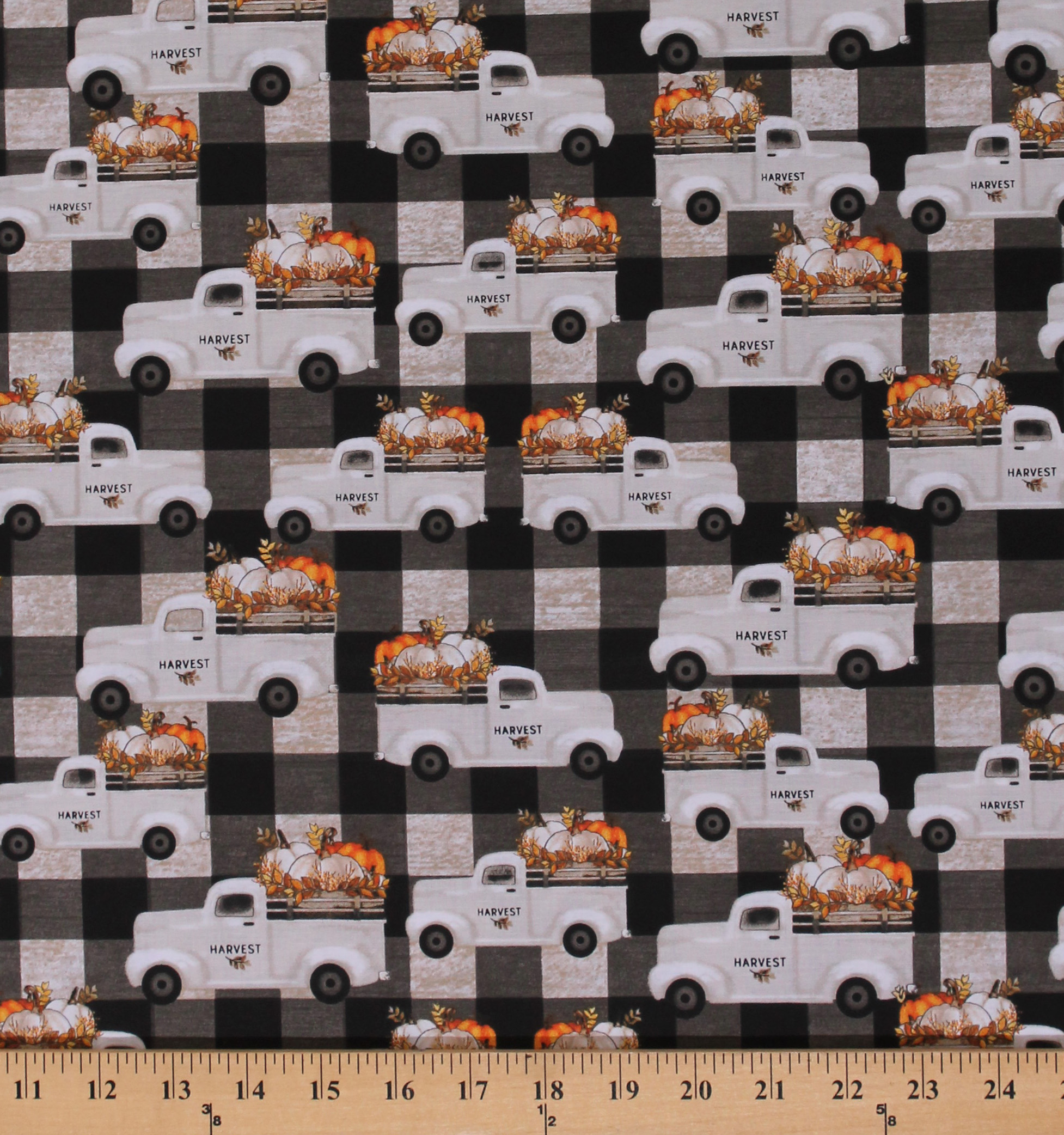 Cotton Autumn Fall Farm Pick Up Trucks Pumpkins on Plaid Cotton Fabric