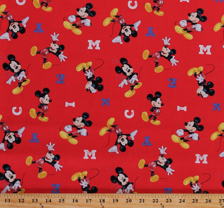 Cotton Disney Mickey Mouse Letters Toss on Red Kids Cartoons Cotton