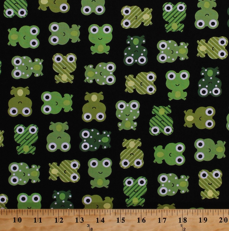 Cotton Urban Zoologie Cute Green Frogs on Black Cotton Fabric Print by