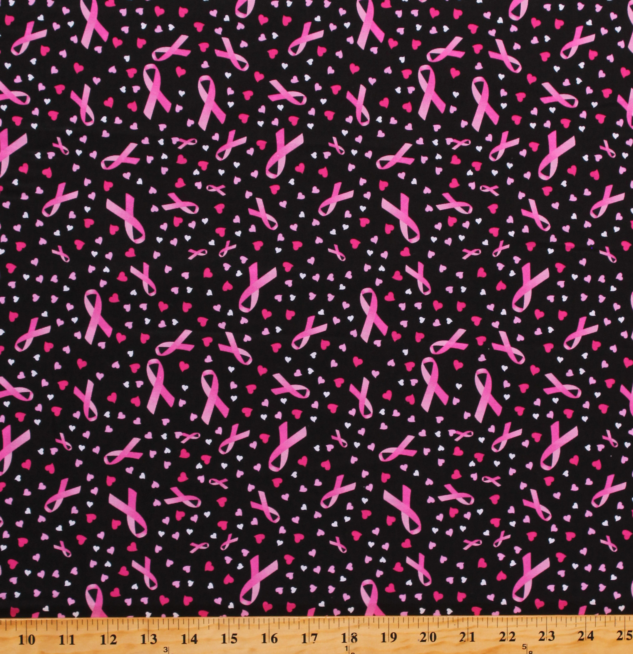 Cotton Breast Cancer Awareness Pink Ribbons on Black Cotton Fabric Print by the Yard (112788)