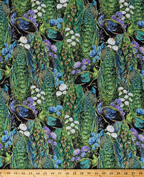 Cotton Peacocks Birds Feathers Flowers Hyacinths Floral Nature Scenic