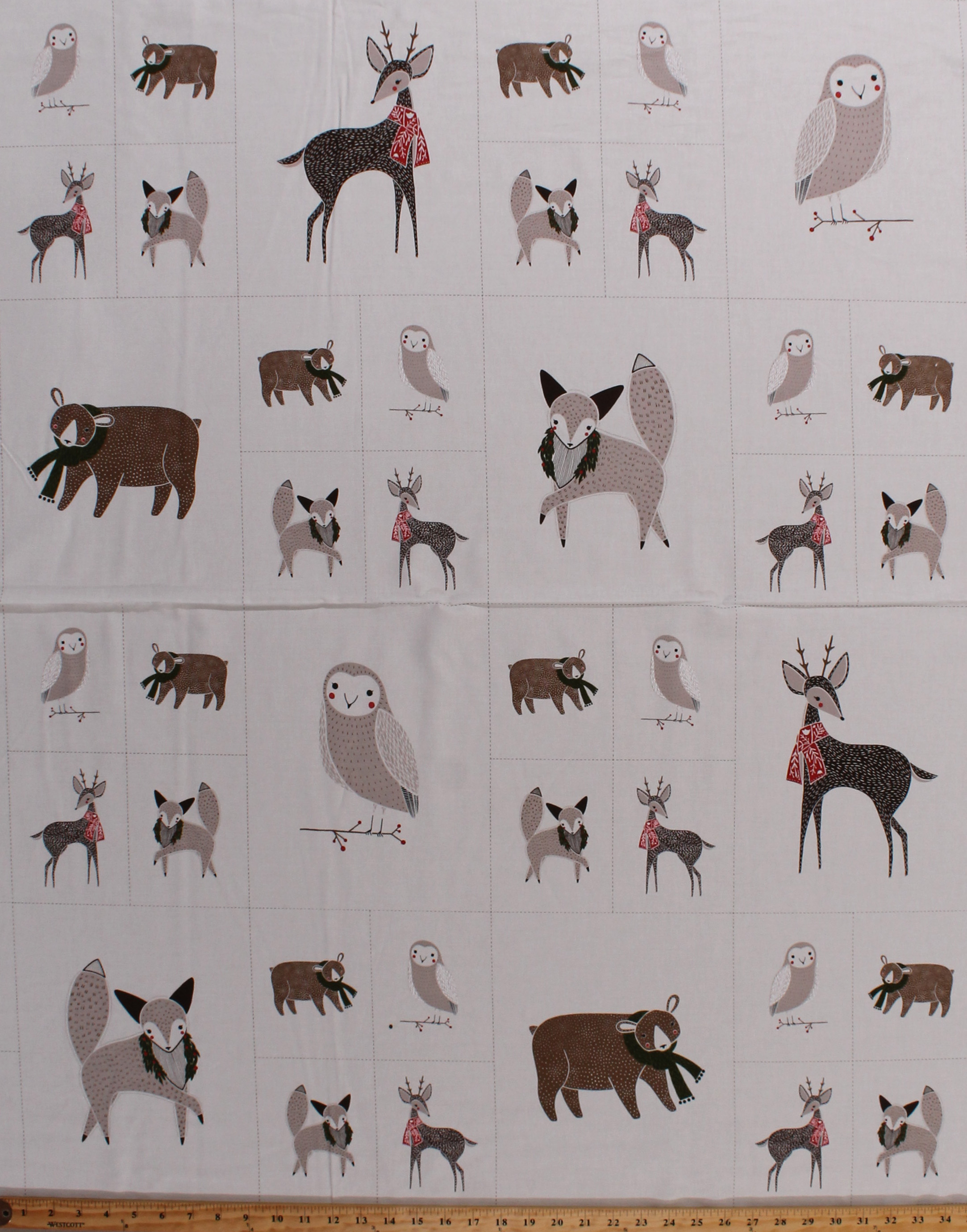 34" X 44" Panel Festive Winter Woodland Animals Owl Fox Deer Brown Bear