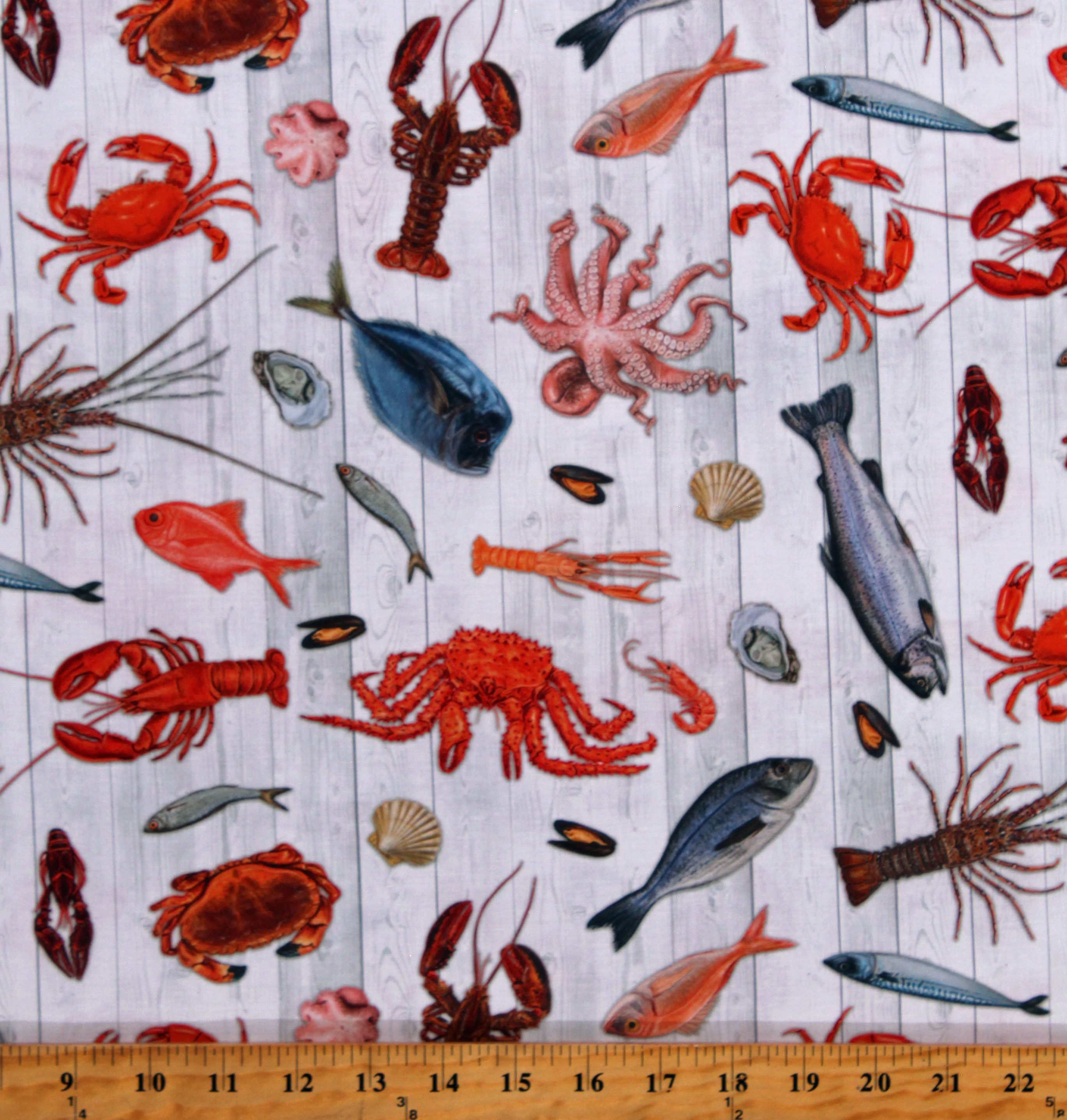 Cotton Fishing Nautical Sea Animals Lobsters Crabs Octopus Shrimp
