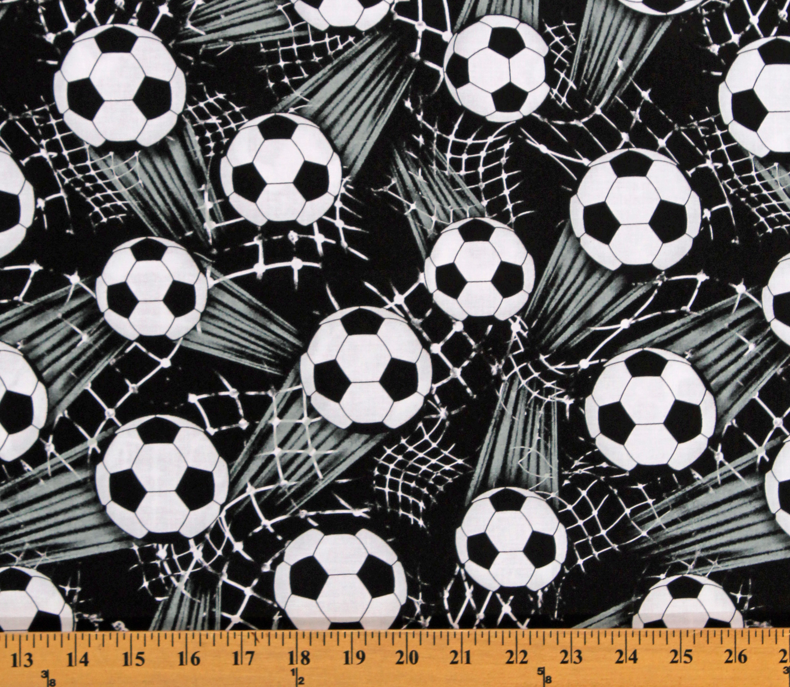 Cotton Soccer Balls Futbol Nets on Black Sports Cotton Fabric Print by