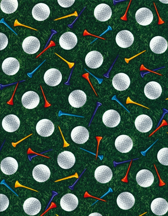 Cotton Golf Balls Tees on Green Grass Cotton Fabric Print by the yard