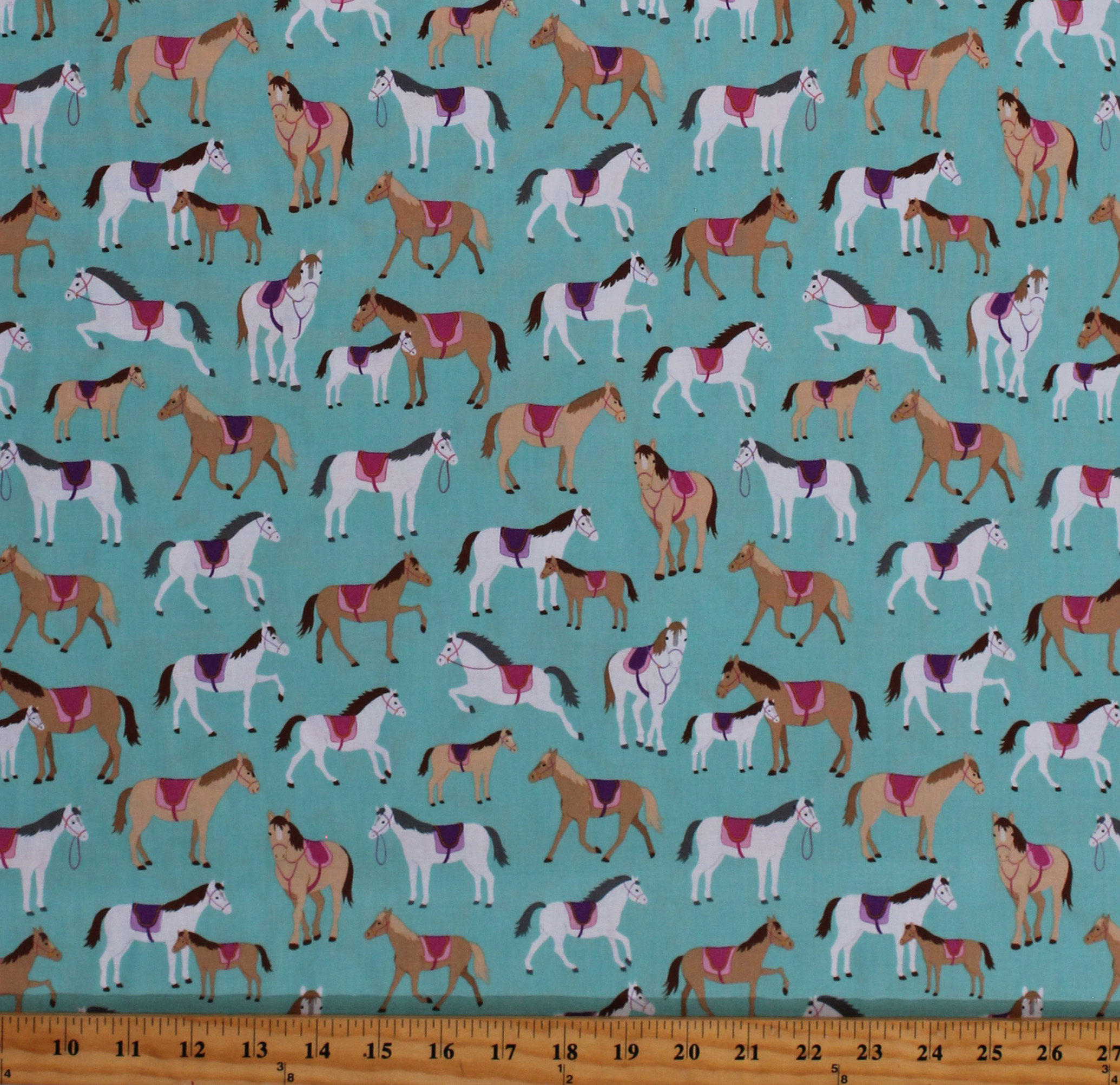 Cotton Horses Equestrian Animals Dreamland Kids Turquoise Cotton Fabric
