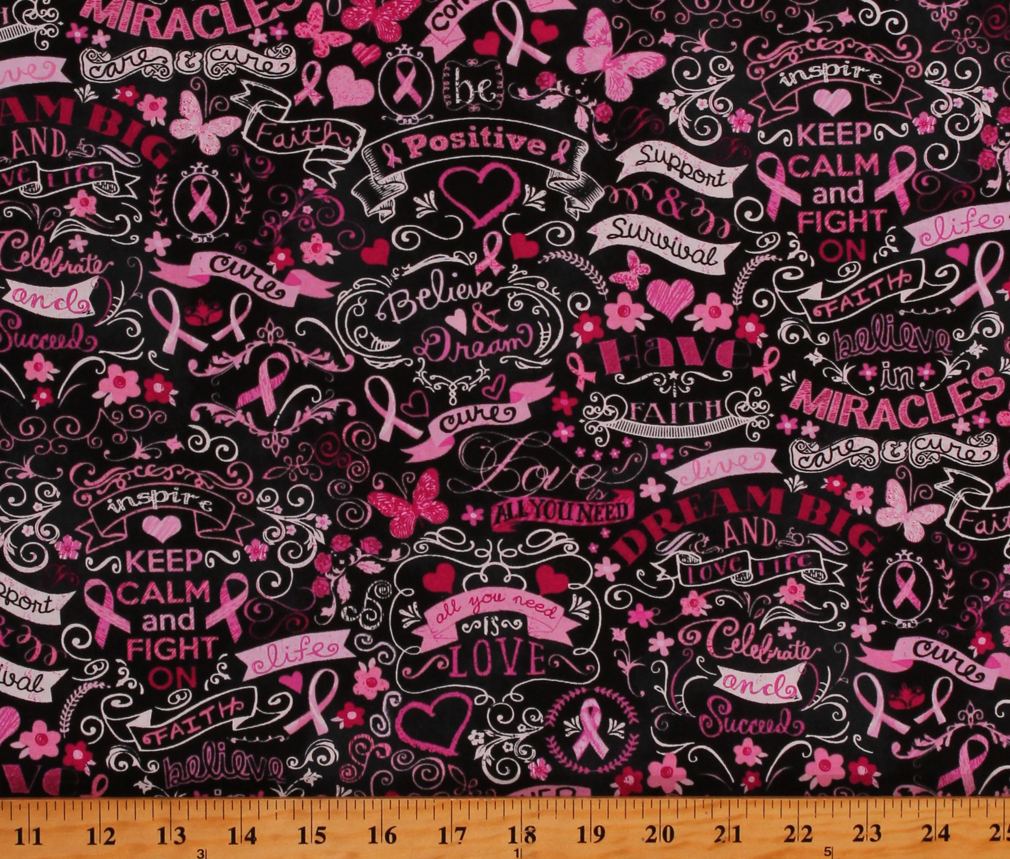 Cotton Breast Cancer Awareness Pink Ribbons Hearts Flowers Butterflies Black Cotton Fabric Print