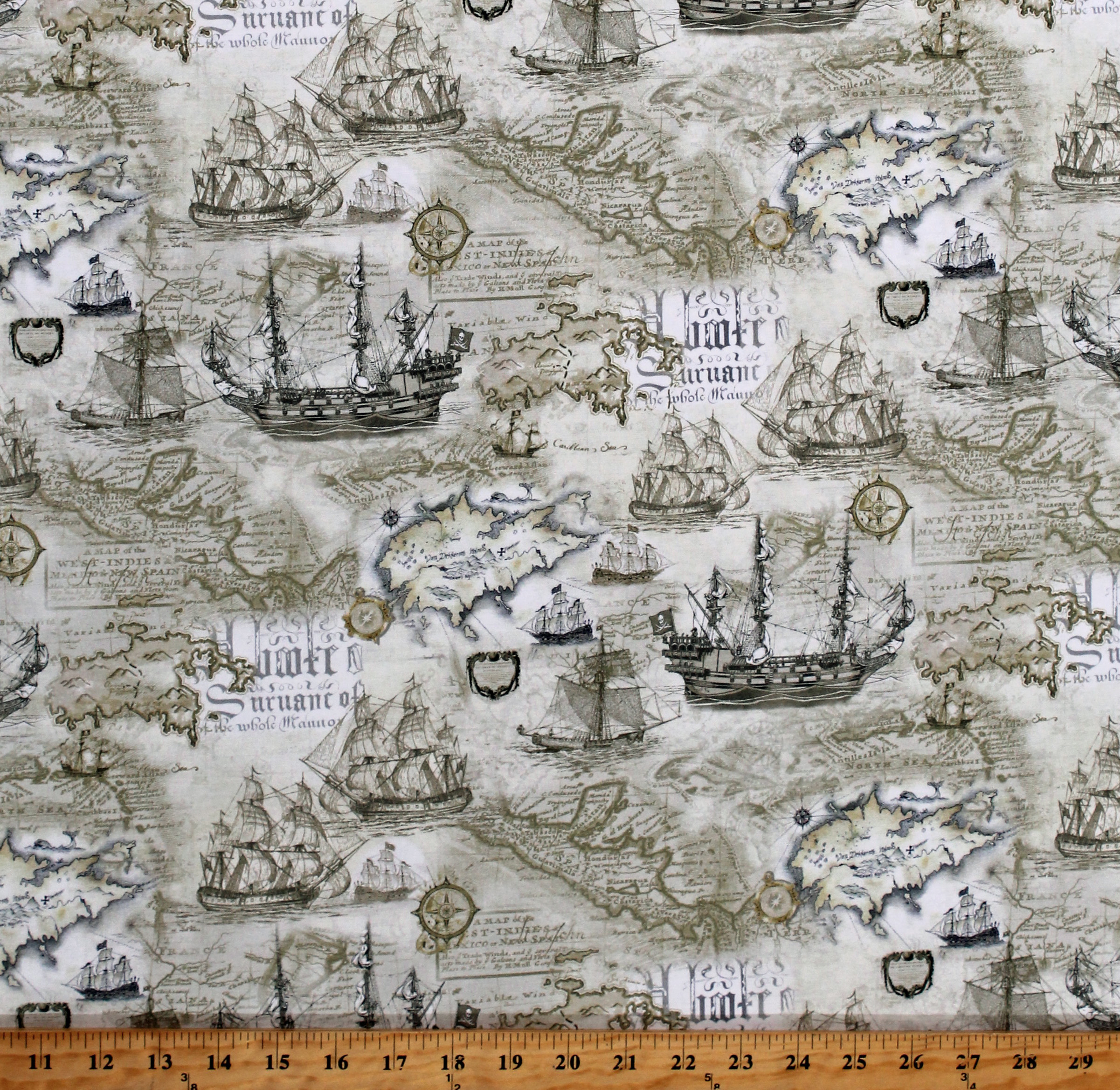 Cotton Treasure Maps Pirates Ships Islands Compasses Adventure Neutral