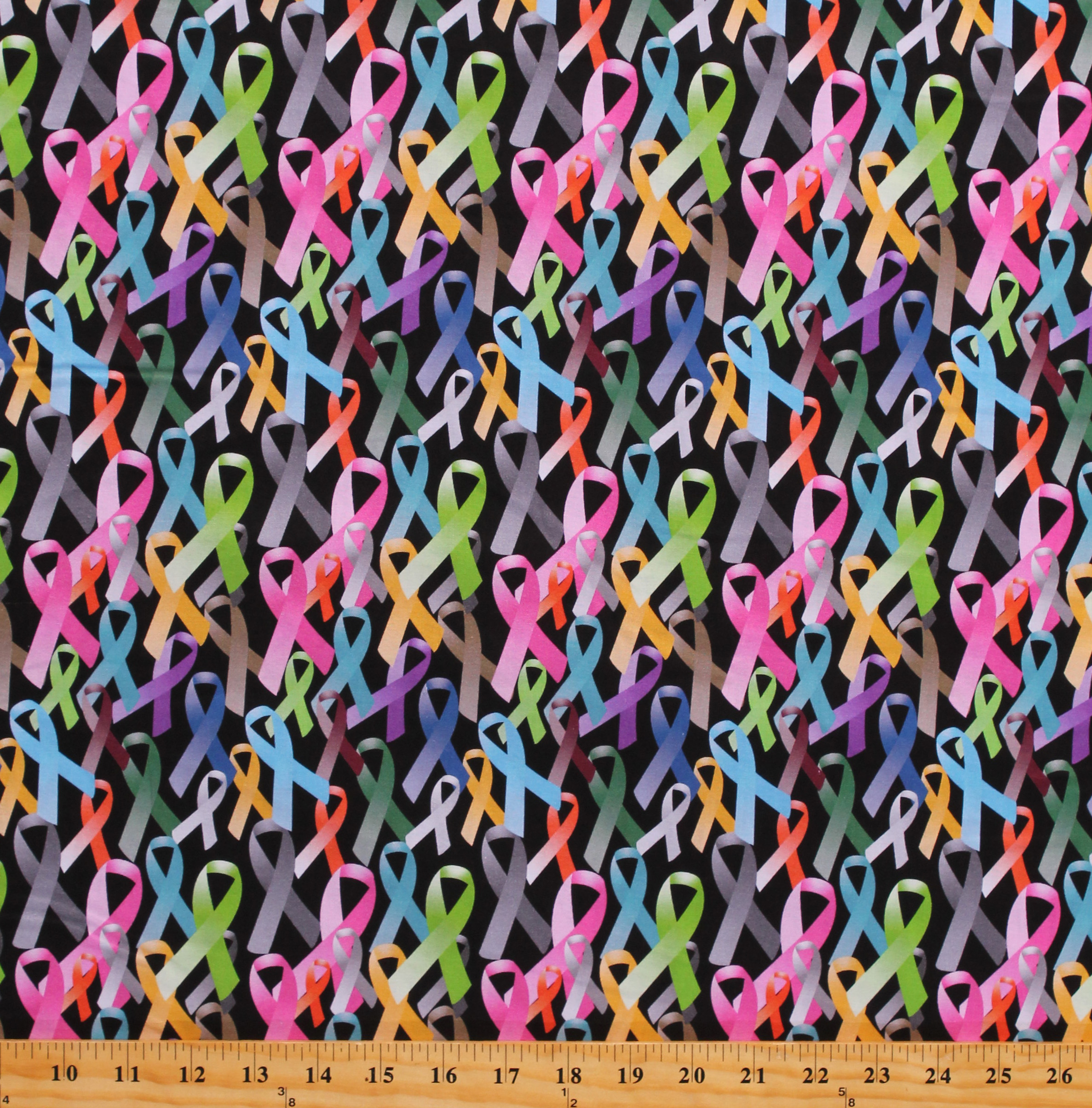 Cotton Cancer Awareness Ribbons All Cancers Colorful Bows on Black Cotton Fabric Print by the