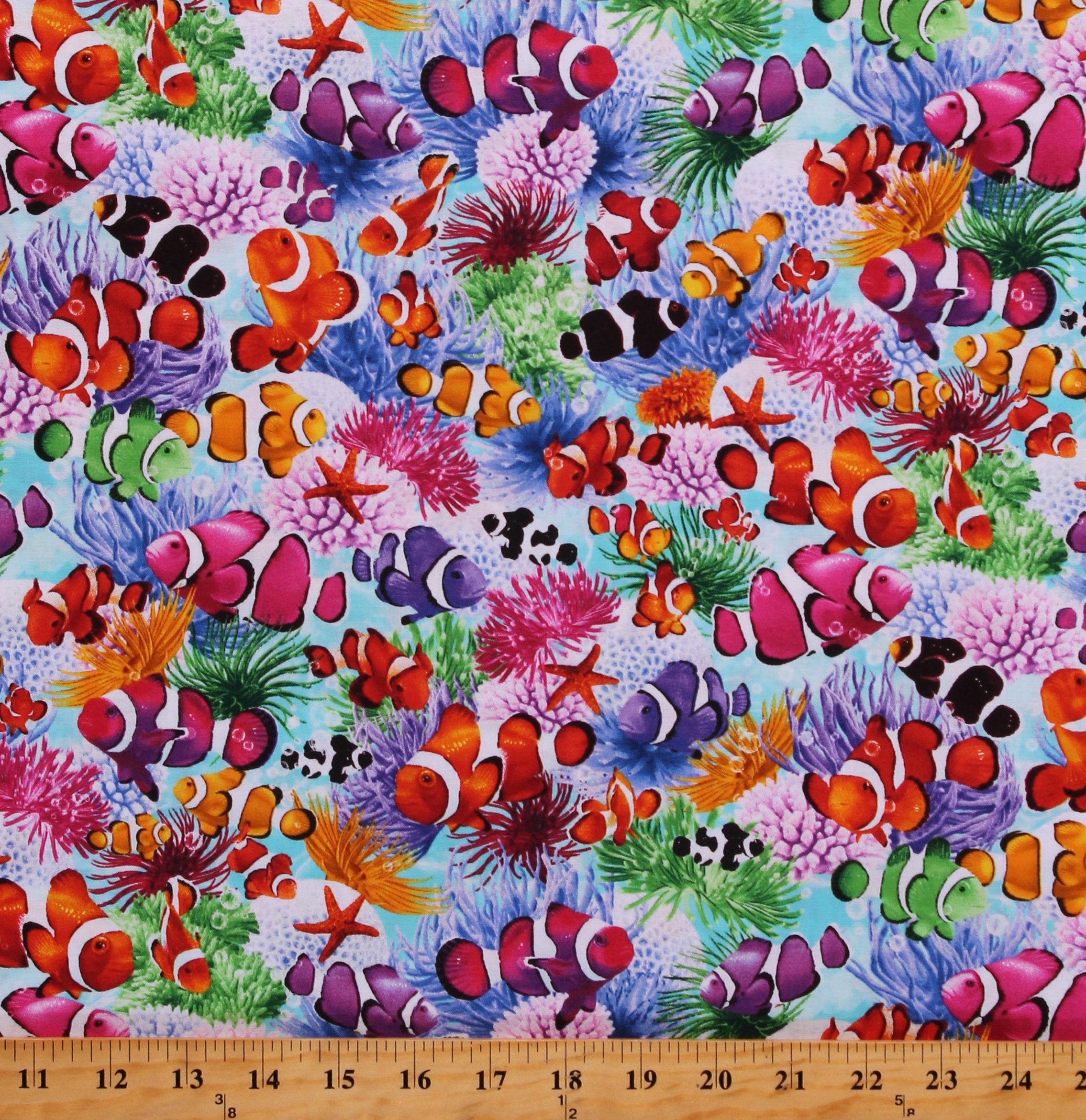 Cotton Clownfishes Corals Reefs Colorful Aquatic Underwater All Over Sea Ocean Cotton Fabric