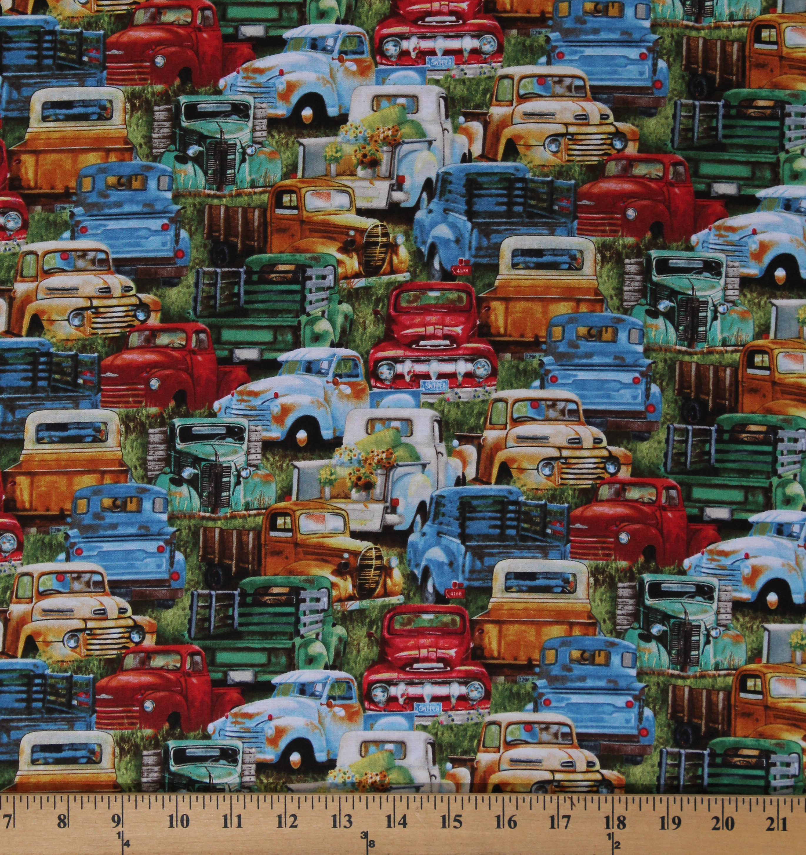 Cotton Vintage Trucks Old Vehicles Rustic MultiColor on Green Cotton
