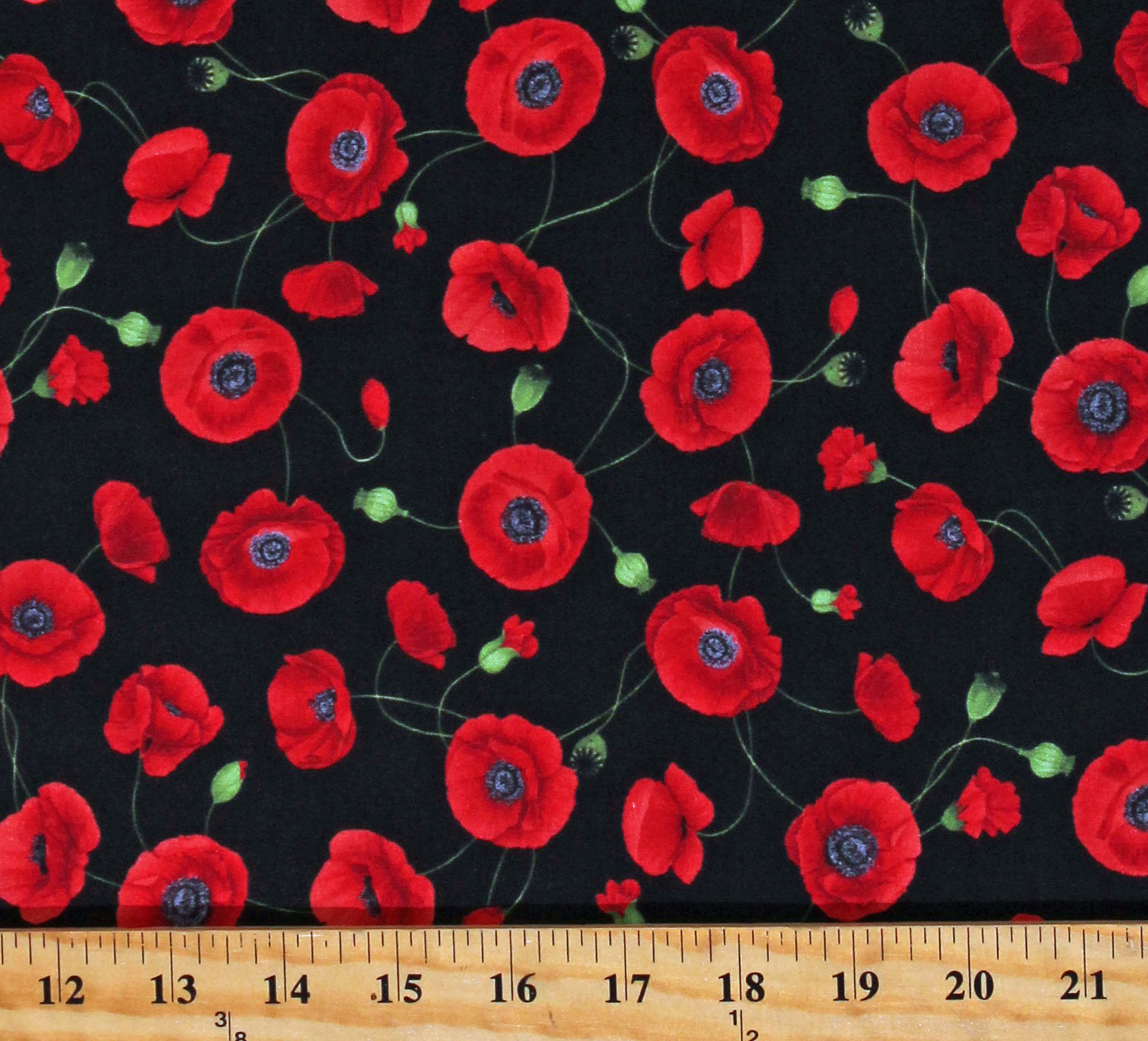 Cotton Poppies Poppy Flowers Floral Tossed Medium Red Poppies on Black