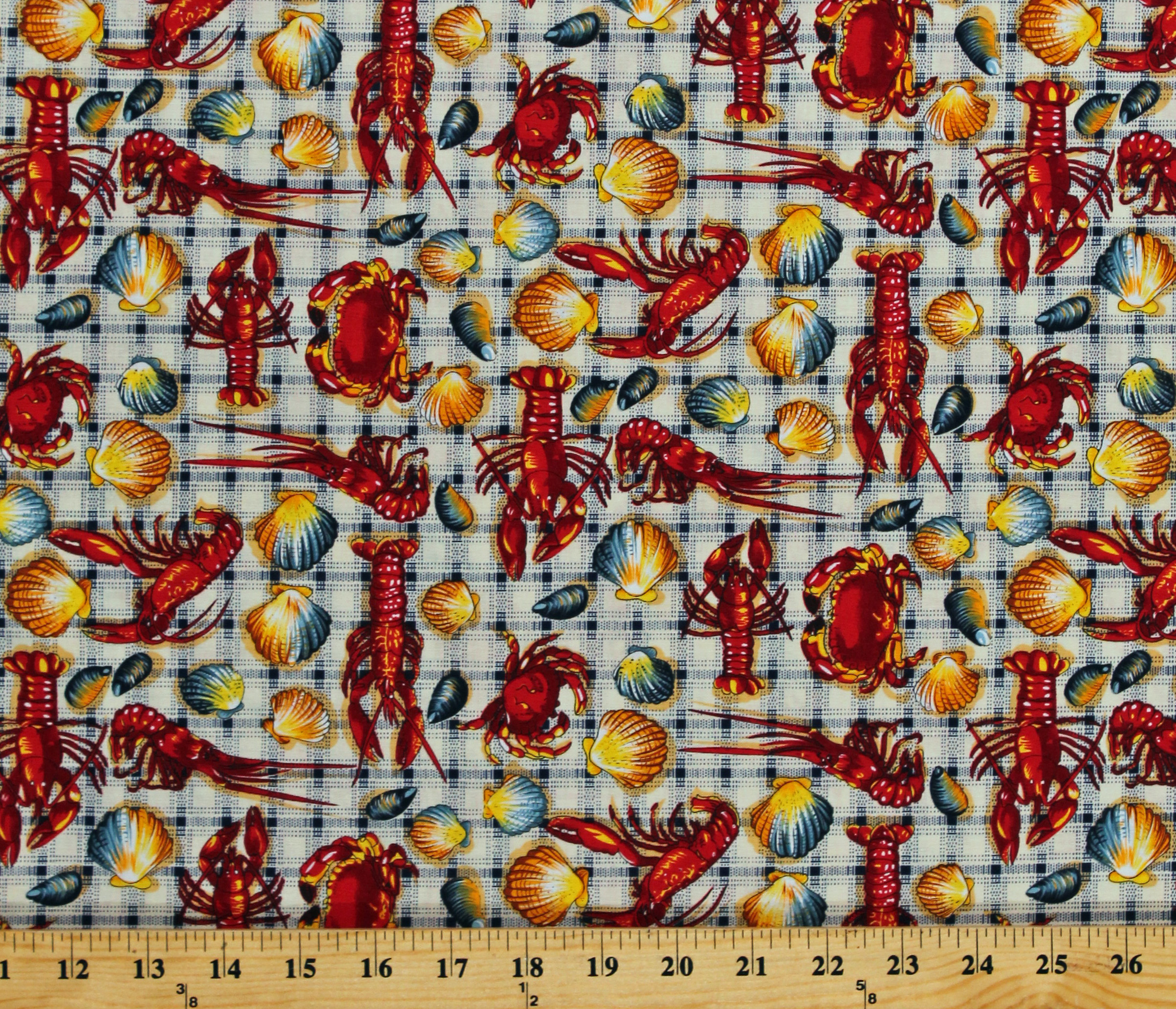 Cotton Lobsters Crabs Shellfish Clams Oysters Plaid Sea Cotton Fabric