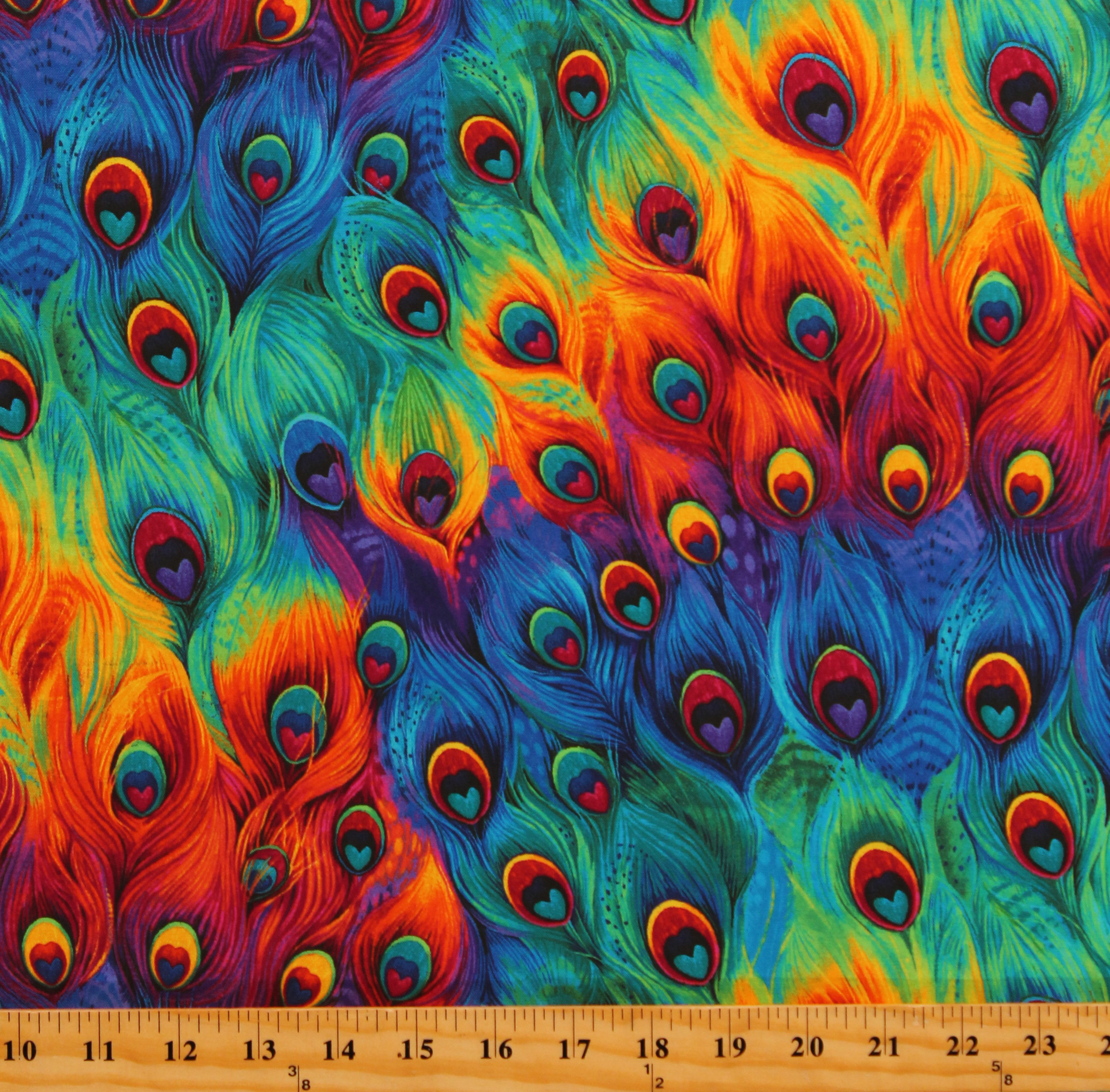 Cotton Peacocks Feathers Plumage Plumes Birds Multicolor Cotton Fabric