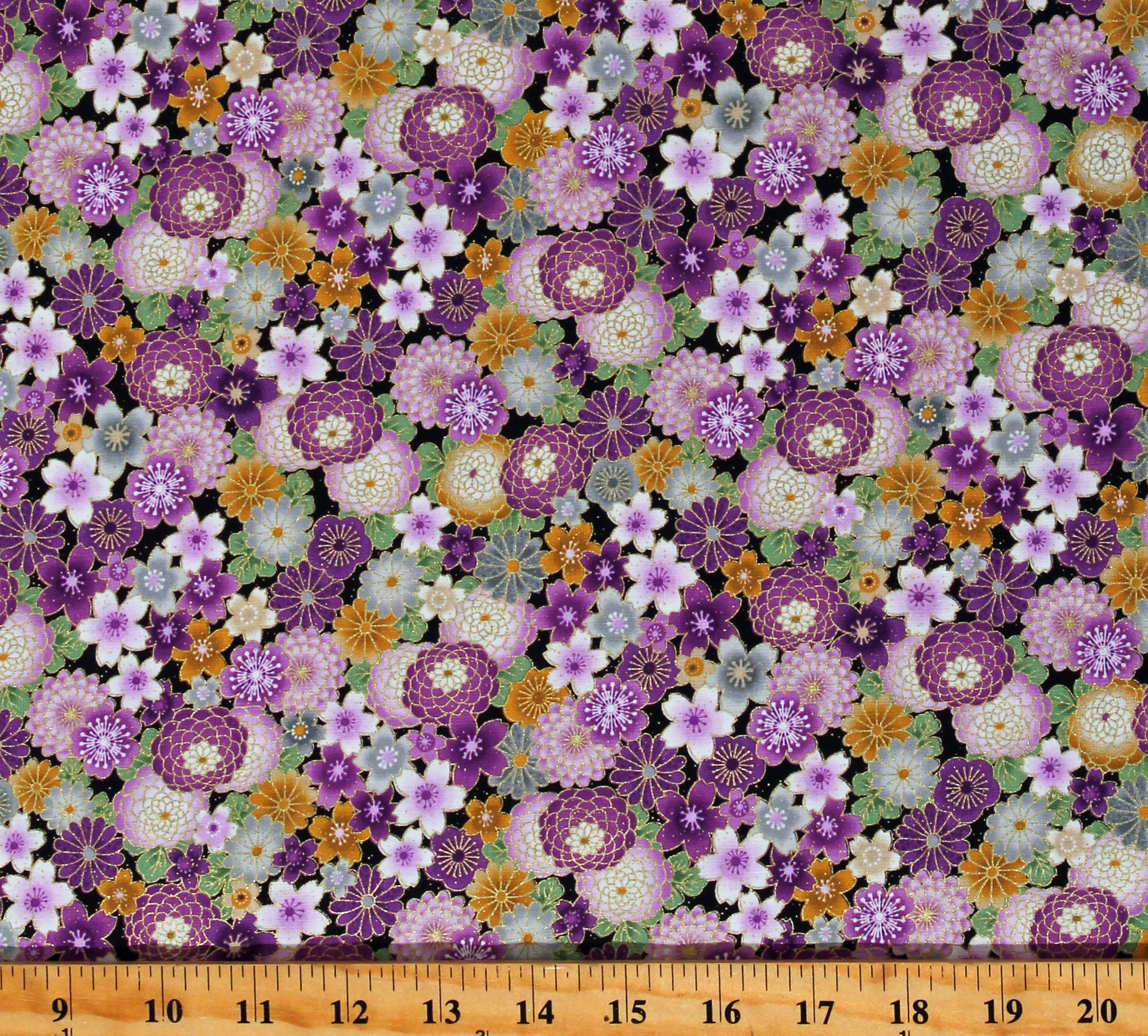 Cotton Purple Flowers Japanese Floral Blossoms Packed Gold Metallic