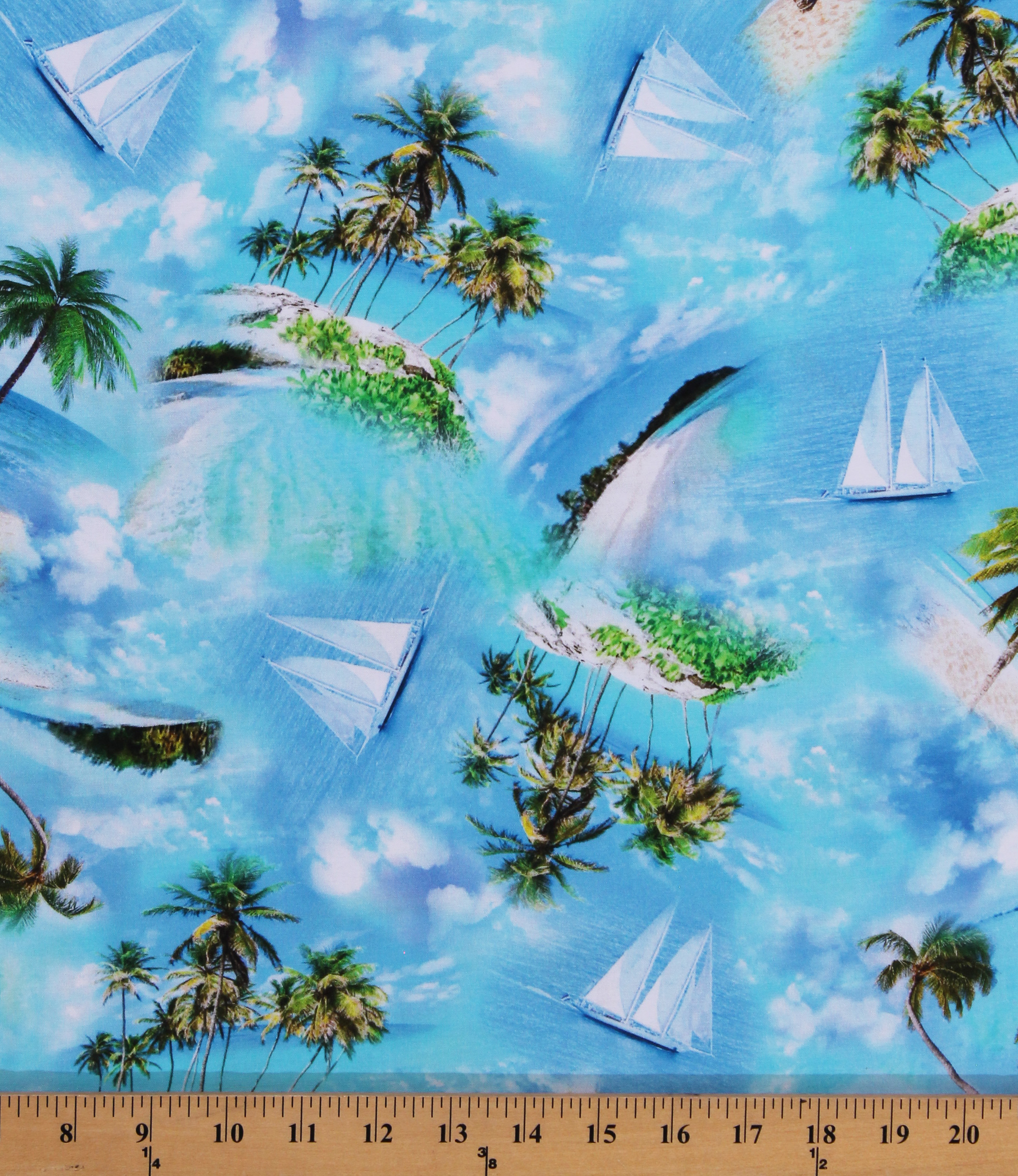 Cotton Palm Trees Sailboats Summer Vacation Island Breeze Sky Blue Tropical Escape Cotton Fabric