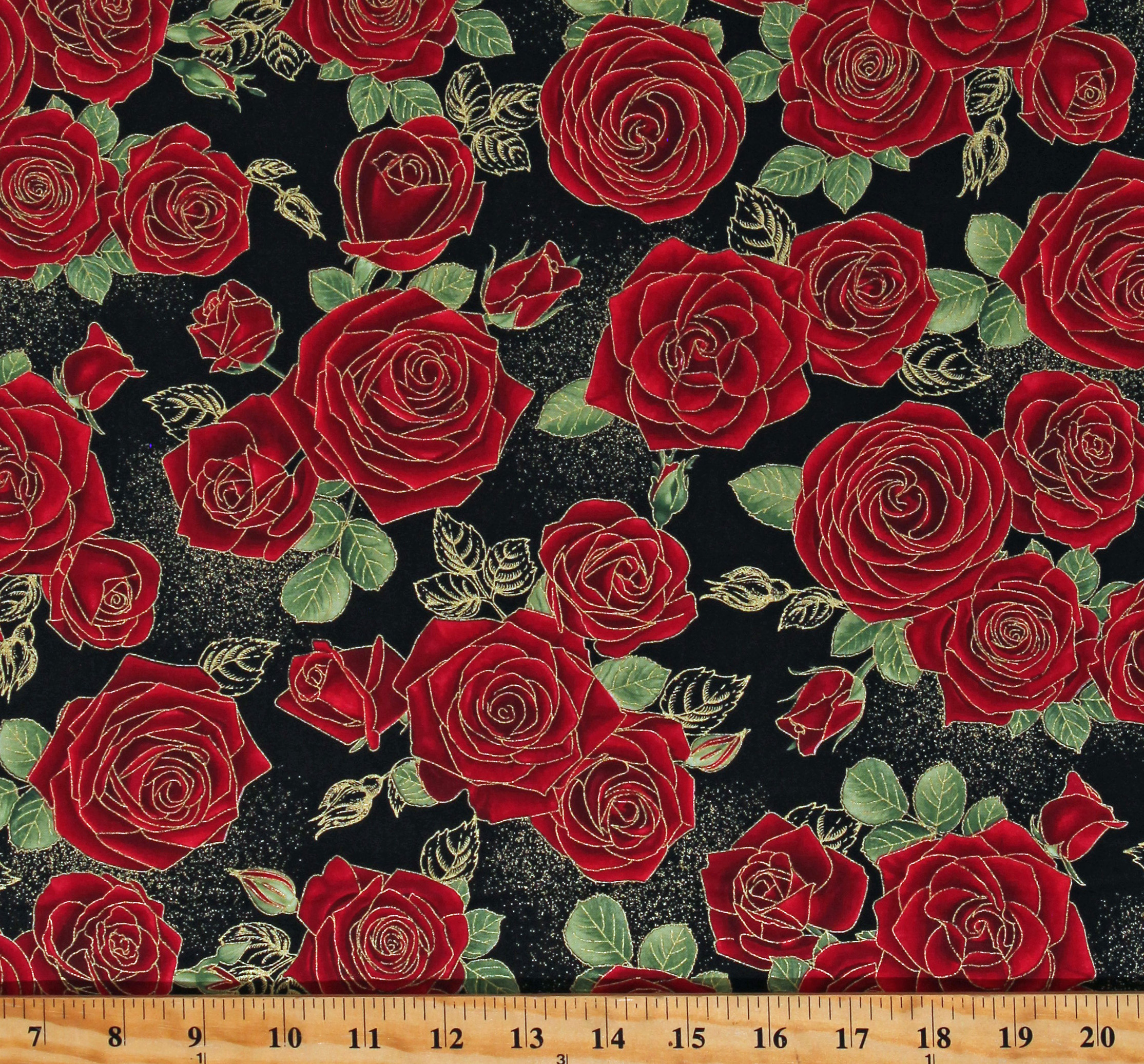 Cotton Roses Flowers Floral Gilded Red Metallic Roses Valentine's Day Black Cotton Fabric Print