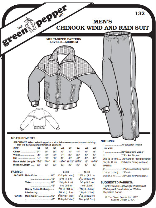 Men's Chinook Wind and Rain Suit Coat Jacket Pants 132 Sewing Pattern