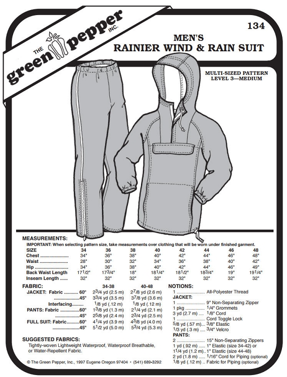 Men's Rainer Wind & Rain Suit Coat Jacket Pants 134 Sewing Pattern