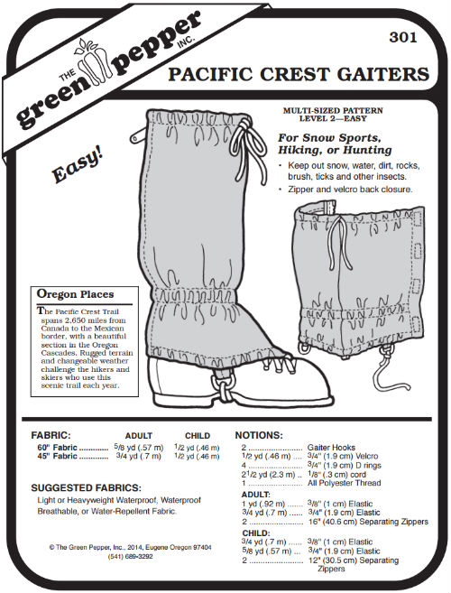 Pacific Crest Gaiters Leg Protection 301 Sewing Pattern (Pattern Only)