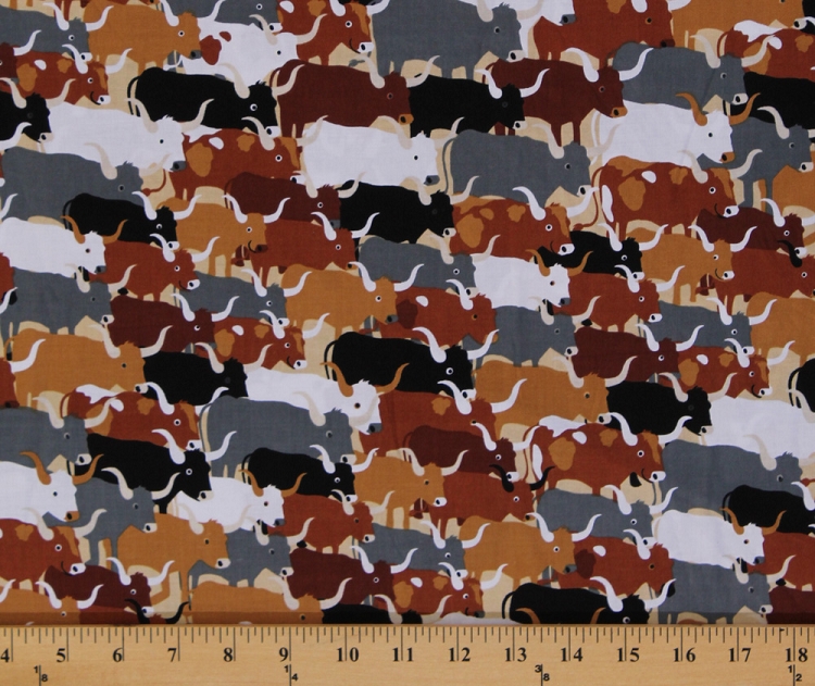 Cotton Cows Cattle Herd MultiColor Bulls Animals Cotton Fabric Print