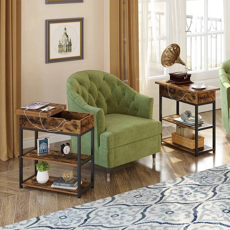 End Table Rustic Brown End Table with Storage and BuiltIn Outlets