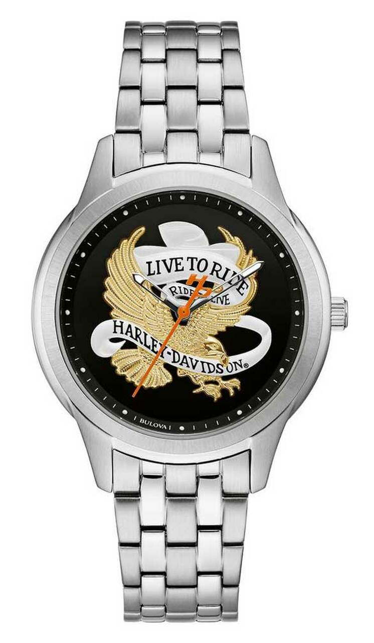 HARLEY DAVIDSON WOMEN’S LIVE TO RIDE EAGLE STAINLESS STEEL WATCH SILVER