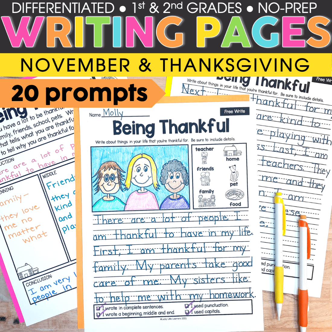 1st and 2nd Grade November Writing Prompts | Print and Digital - Lucky