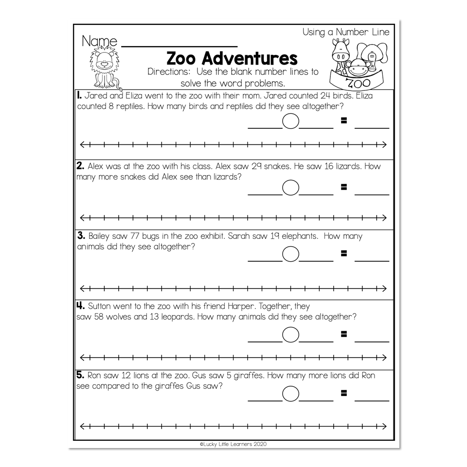 2nd Grade Math Worksheets Number Line Using a Number Line Zoo